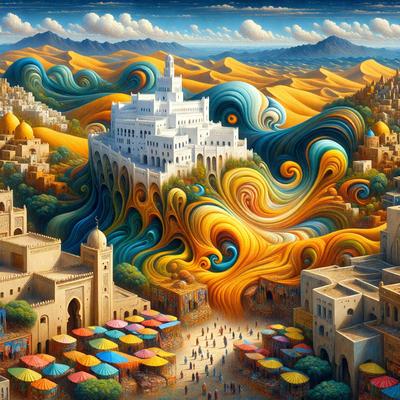 The primary subject of the image is a large, colorful painting of a city with a castle and a mountain in the background. The setting is a desert landscape, and the visual style is a mix of digital art and illustration. The colors and mood of the painting are vibrant and lively, with a focus on the vivid colors of the umbrellas and the overall atmosphere of the city.